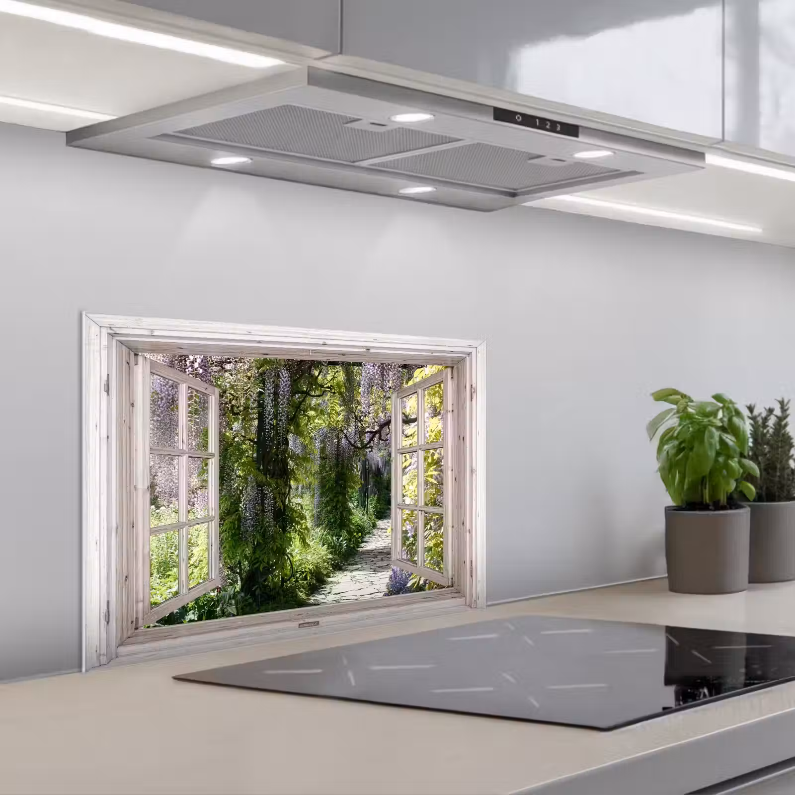 Kitchen splashback for hob - Blue rain - Flowers - View - Tree - Spring — 1