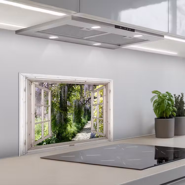 Kitchen splashback for hob - Blue rain - Flowers - View - Tree - Spring — 1