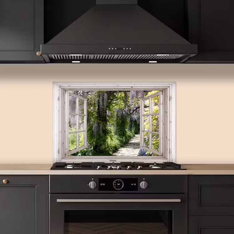 Kitchen splashback for hob - Blue rain - Flowers - View - Tree - Spring — 5