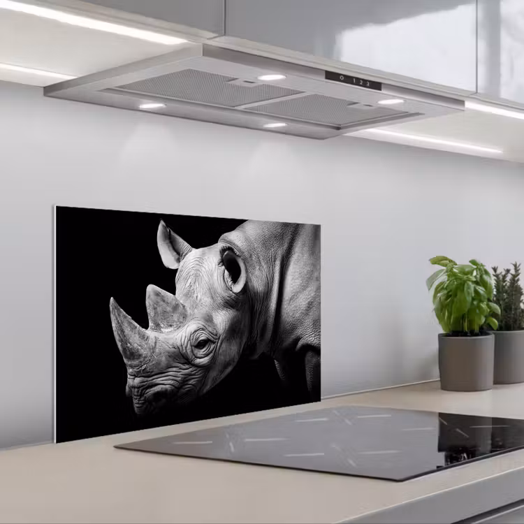 Kitchen splashback for hob - Animals - Rhinoceros - Black - White - Portrait — 1