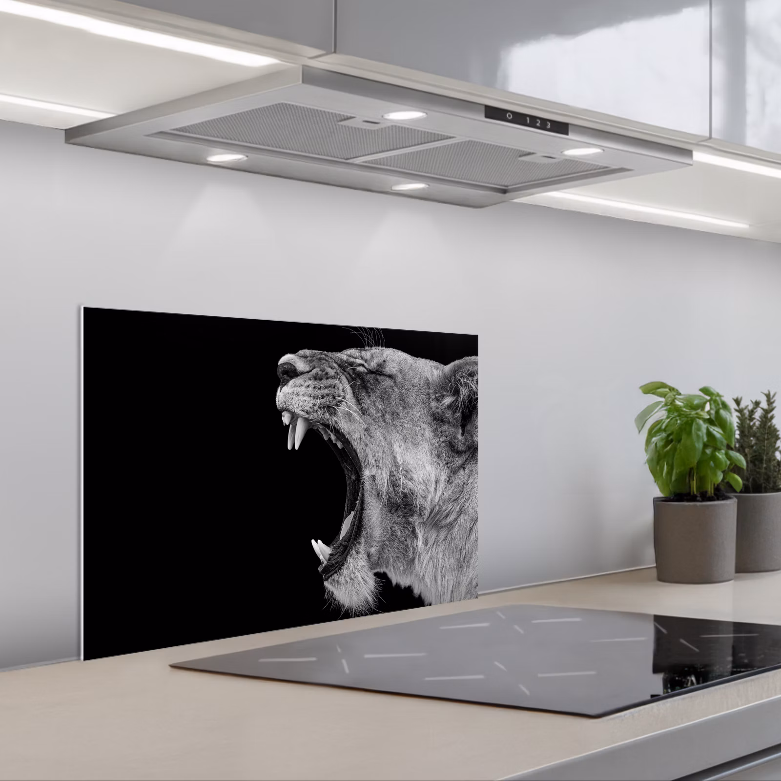 Kitchen splashback for hob - Animals - Lion - Black - White - Portrait — 1