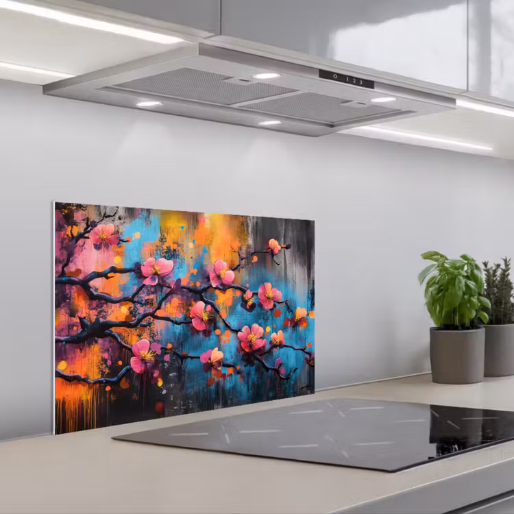 Kitchen splashback for hob - Flowers - Branch - Abstract - Pink — 1