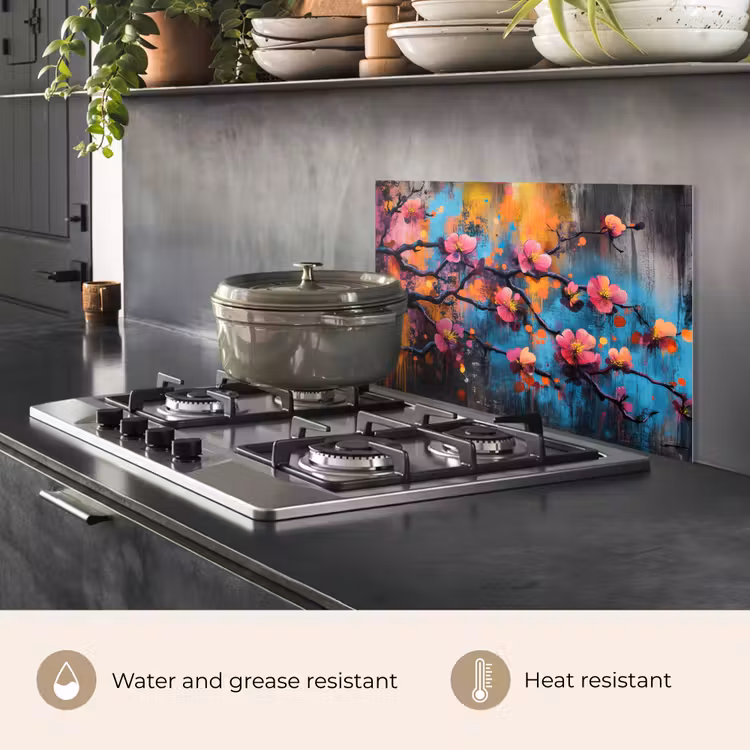 Kitchen splashback for hob - Flowers - Branch - Abstract - Pink — 2
