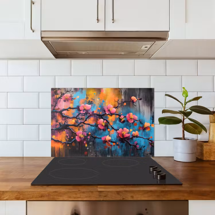 Kitchen splashback for hob - Flowers - Branch - Abstract - Pink — 3