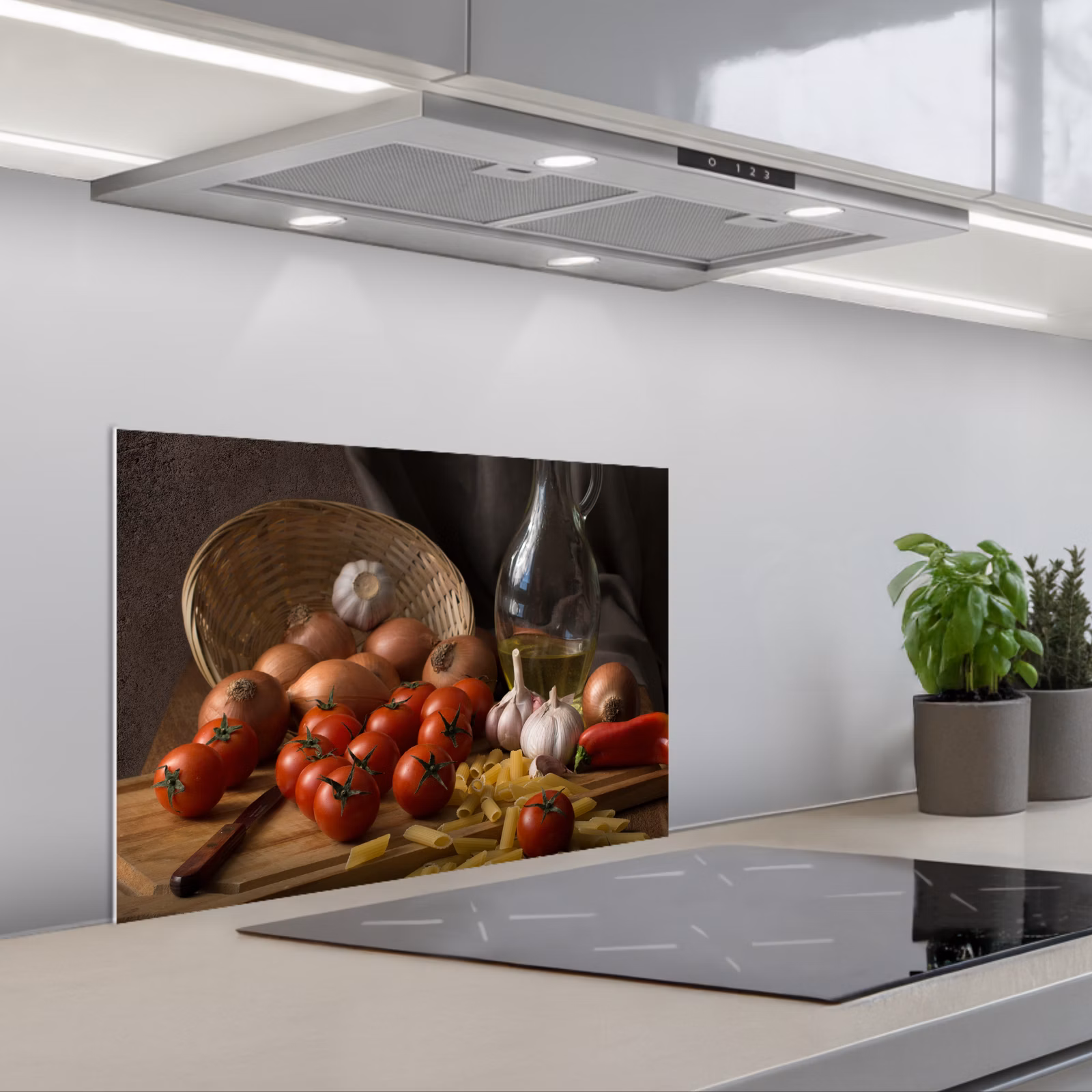 Kitchen splashback for hob - Cutting board - Vegetable - Still life - Pasta - Out - Tomato - Cutting board — 1