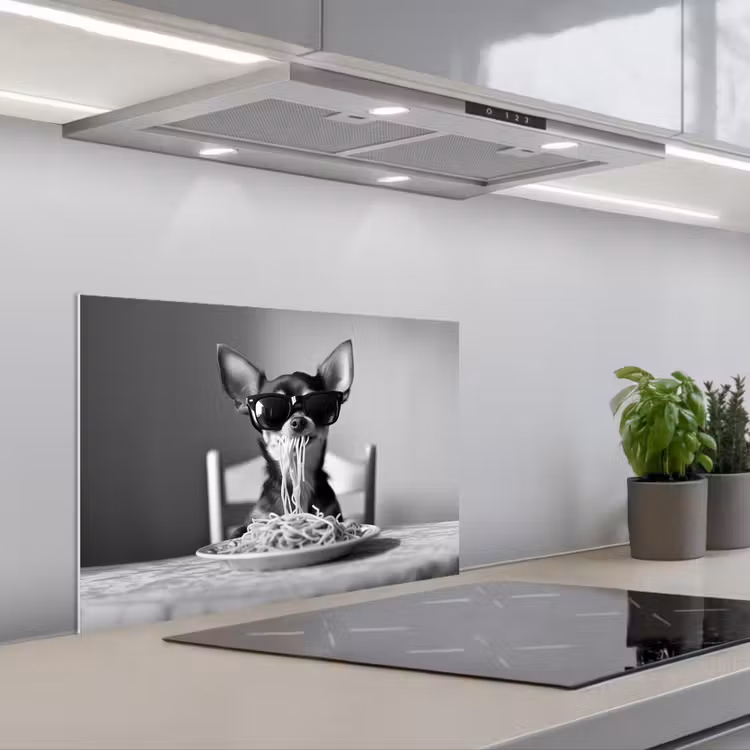 Kitchen splashback for hob - Chihuahua - Dog - Sunglasses - Humorous - Black - White - Spaghetti — 1