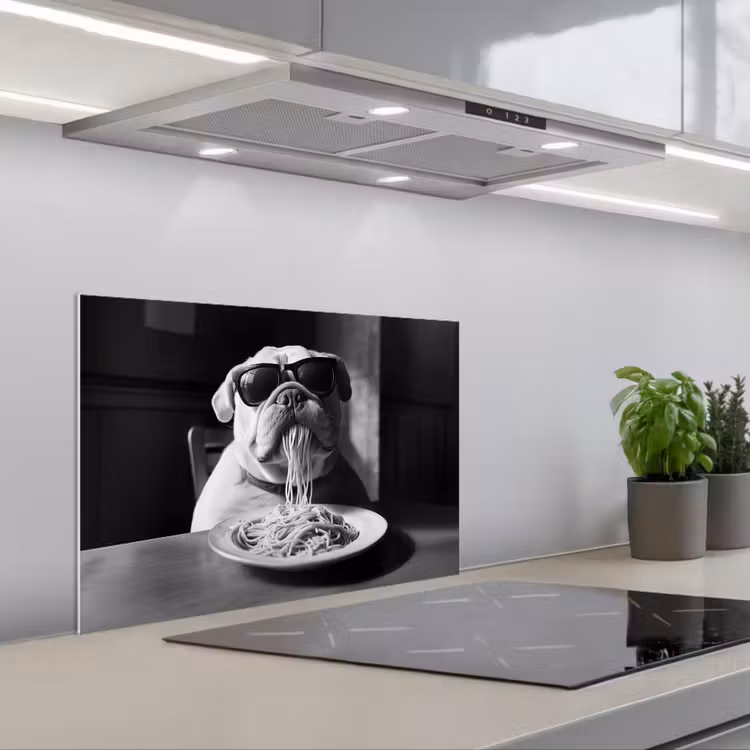 Kitchen splashback for hob - Dog - Bulldog - Pasta - Glasses - Tough - Animals — 1