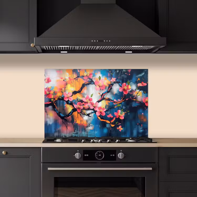 Kitchen splashback for hob - Flowers - Branch - Artistic - Pink — 5