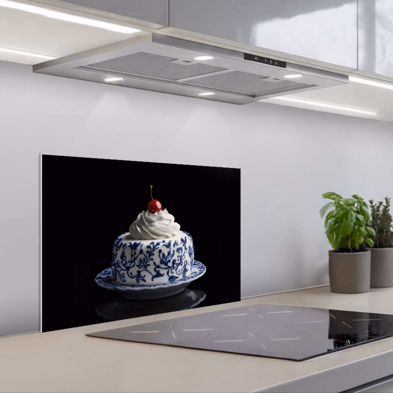 Kitchen splashback for hob - Cake - Whipped cream - Cherry - Plate - Delft blue — 1