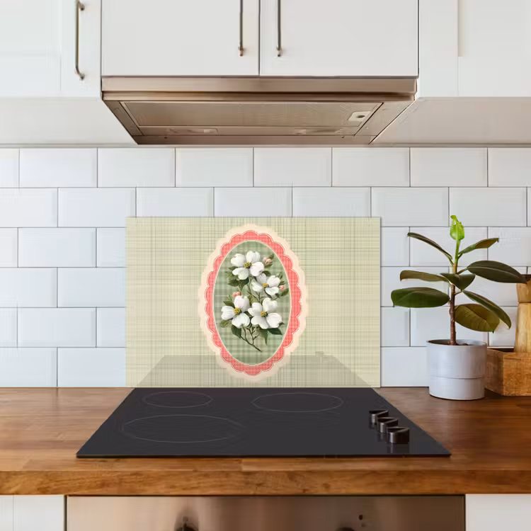 Kitchen splashback for hob - Flowers - Illustration - Checkered - Green — 3