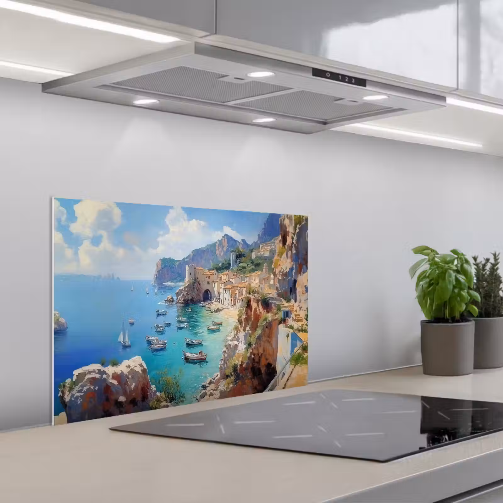 Kitchen splashback for hob - Coastal village - Painting - Rocks - Boats — 1