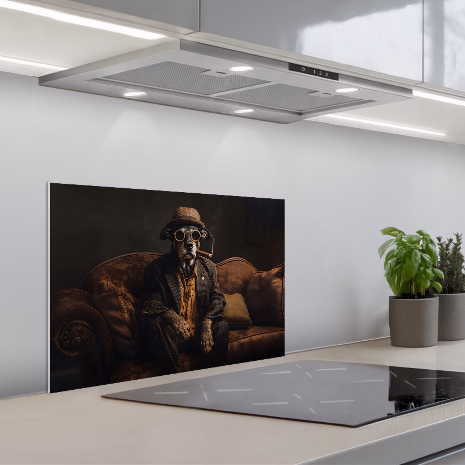Kitchen splashback for hob - Dog - Cigar - Hat - Suit — 1
