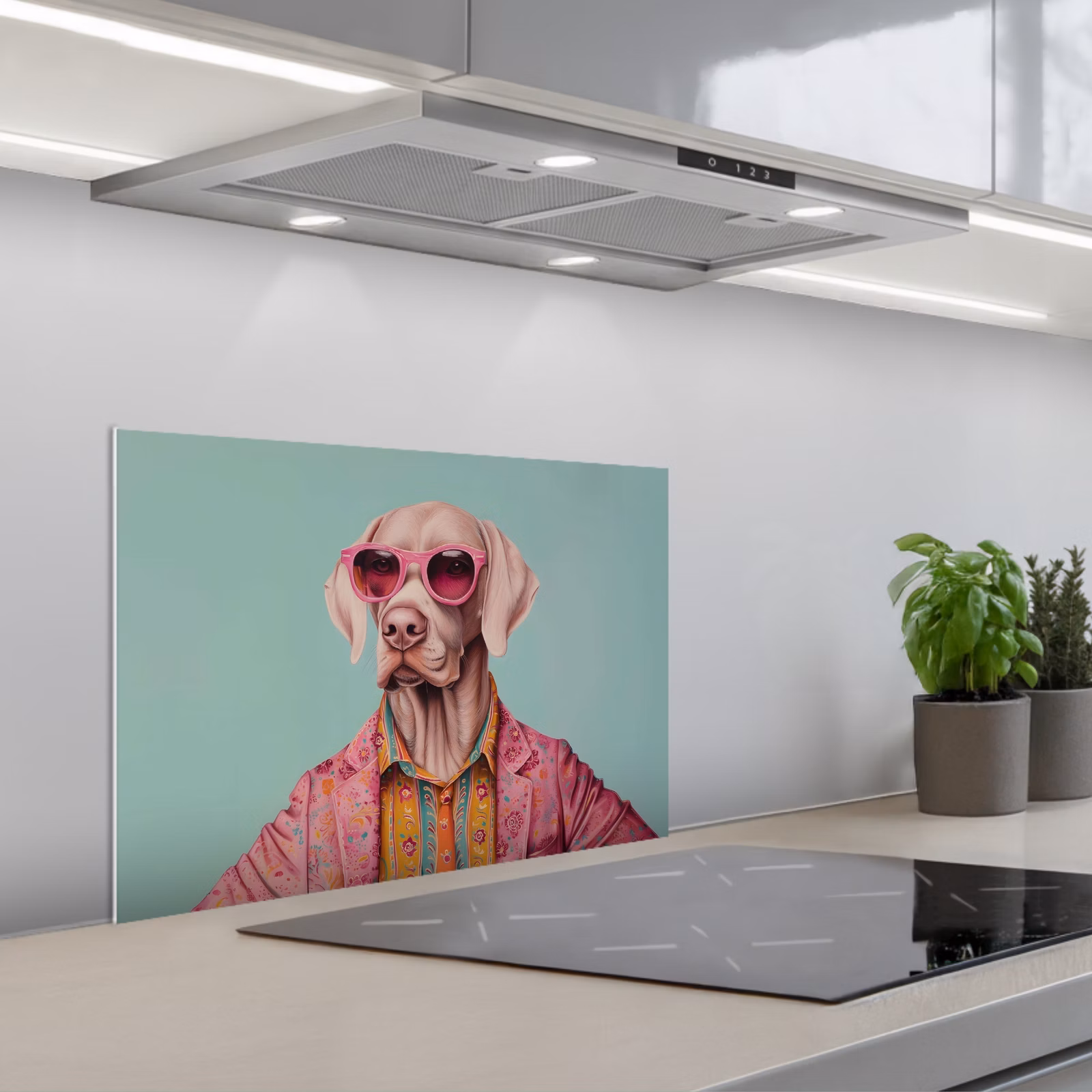 Kitchen splashback for hob - Dog - Shirt - Flowers - Glasses — 1