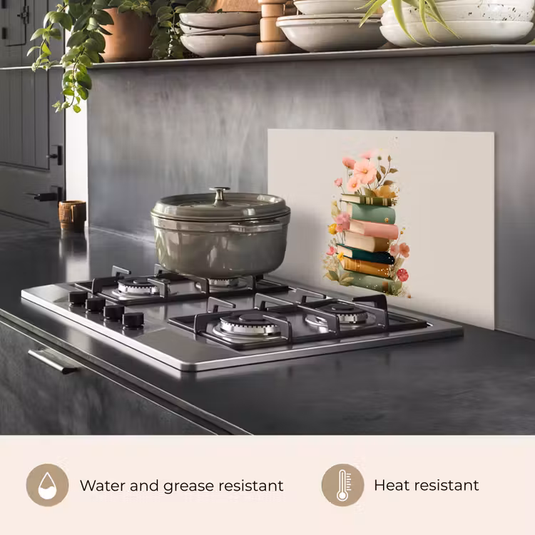 Kitchen splashback for hob - Books - Stack - Flowers - Colorful — 2
