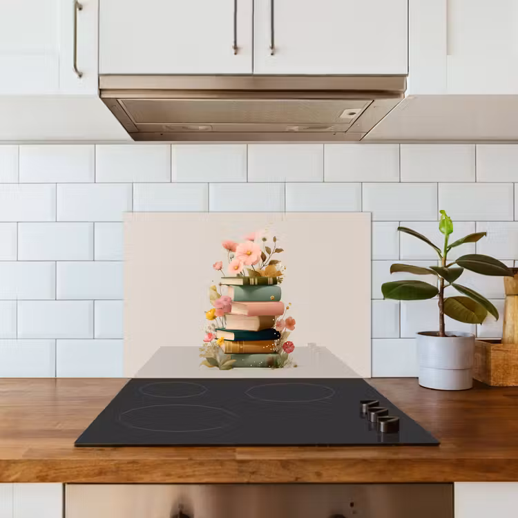 Kitchen splashback for hob - Books - Stack - Flowers - Colorful — 3