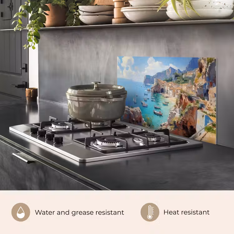 Kitchen splashback for hob - Coastal village - Painting - Rocks - Boats — 2