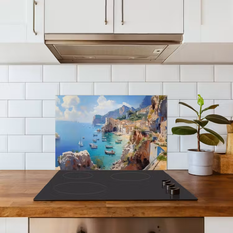 Kitchen splashback for hob - Coastal village - Painting - Rocks - Boats — 3