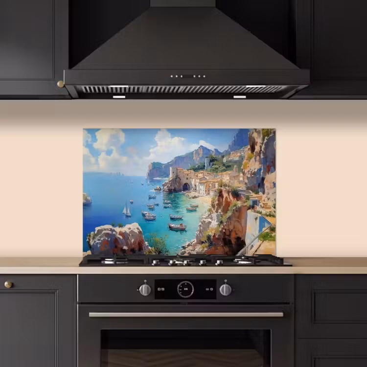 Kitchen splashback for hob - Coastal village - Painting - Rocks - Boats — 5