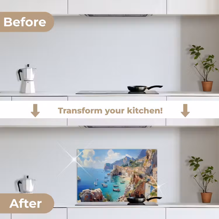 Kitchen splashback for hob - Coastal village - Painting - Rocks - Boats — 7