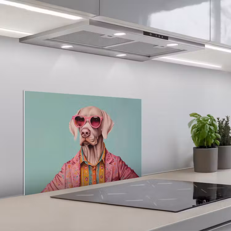 Kitchen splashback for hob - Dog - Shirt - Flowers - Glasses — 1