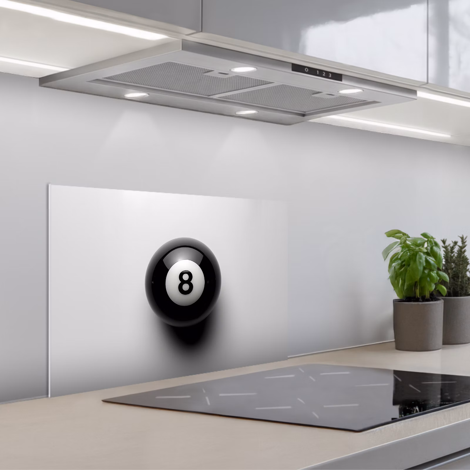 Kitchen splashback for hob - Billiard ball - Number - Eight - White — 1