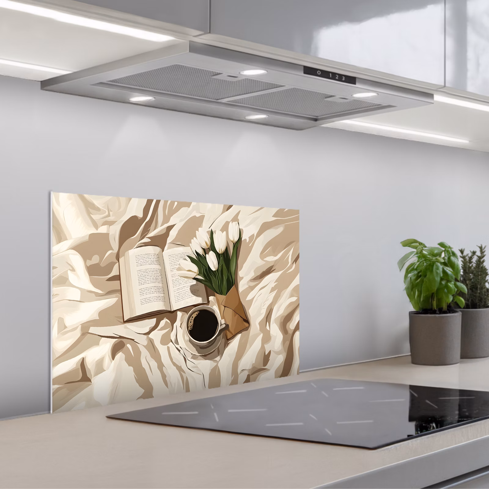 Kitchen splashback for hob - Book - Illustration - Tulips - Coffee — 1