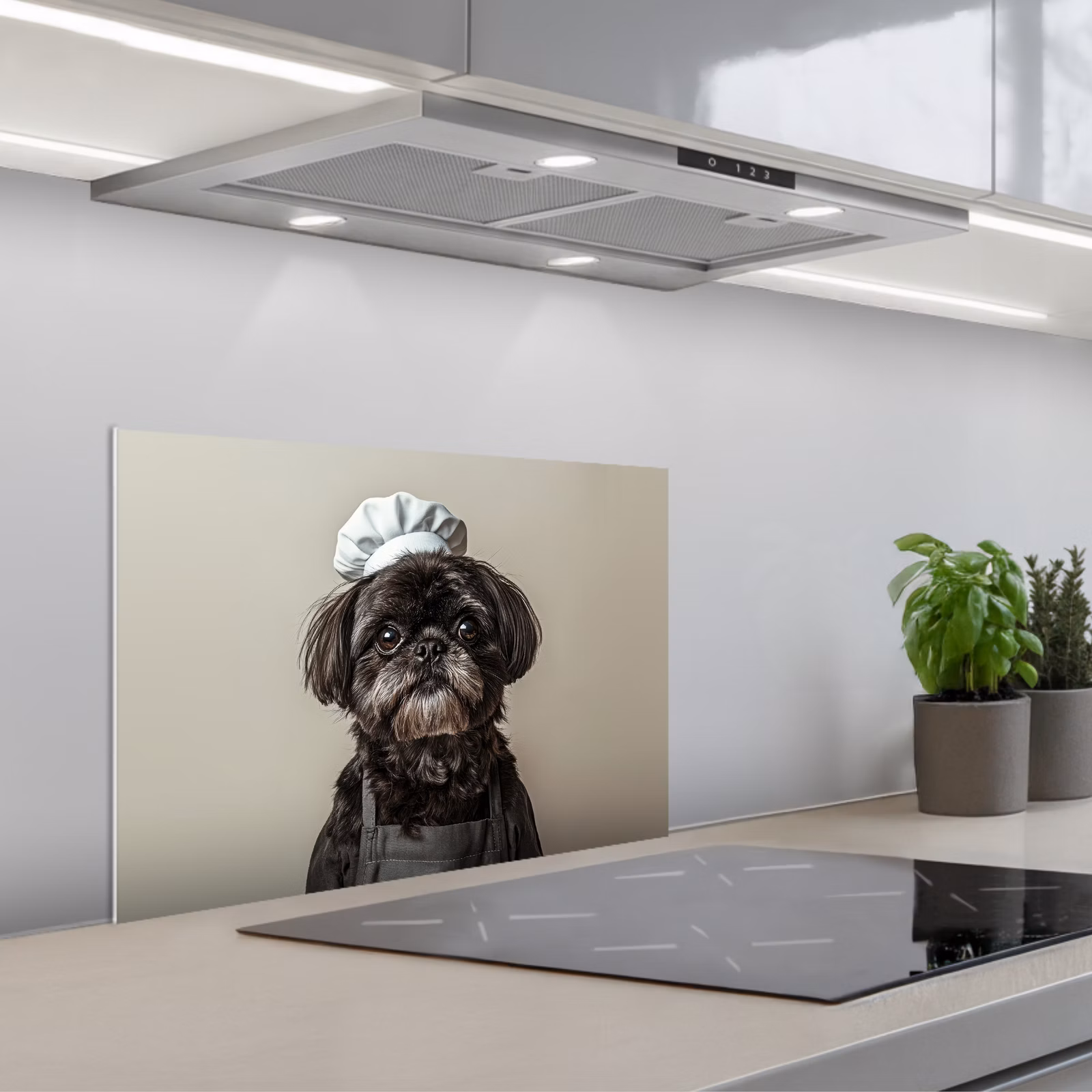 Kitchen splashback for hob - Chef's Clothing - Black - Dog — 1