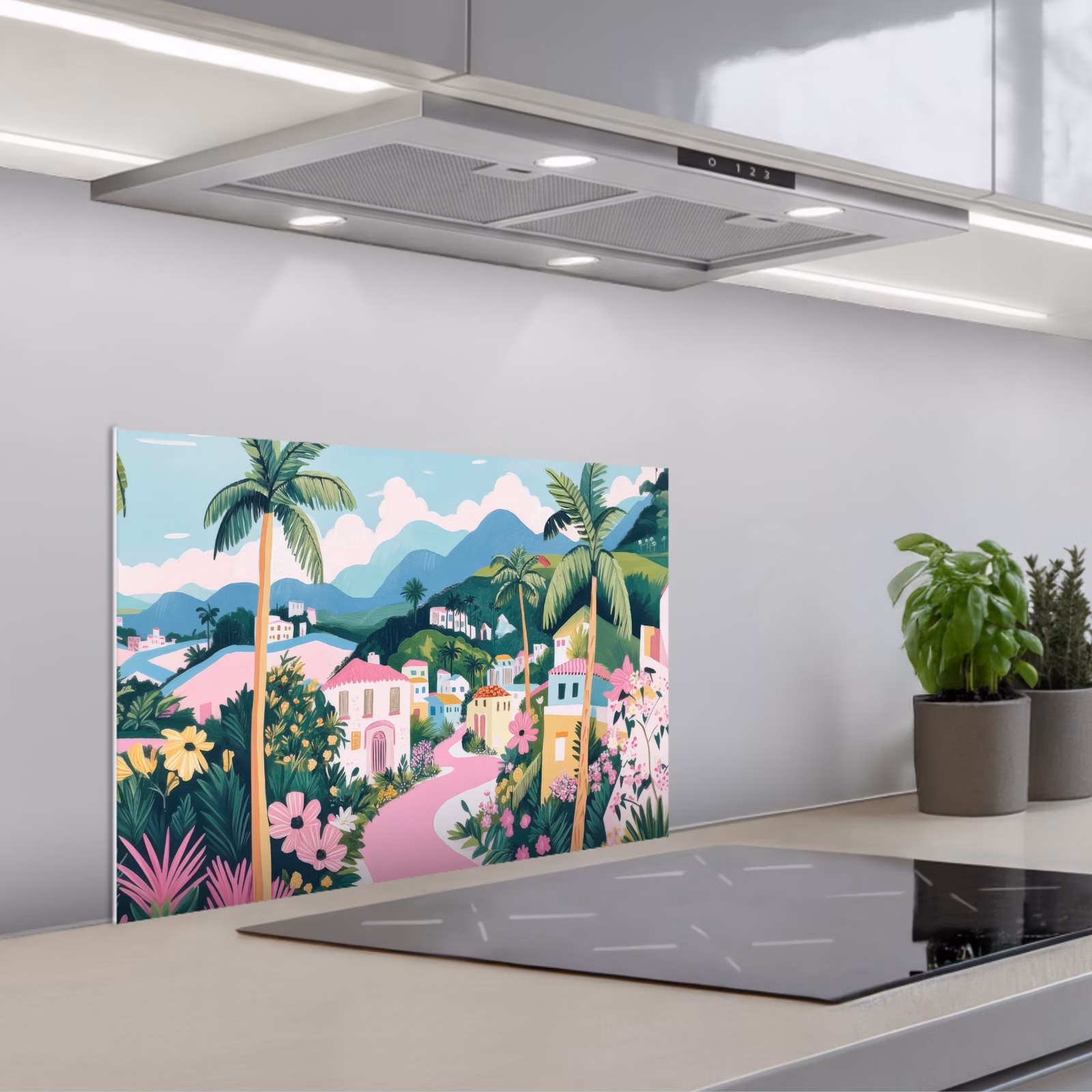 Kitchen splashback for hob - Colorful - Houses - Hills - Pink — 1