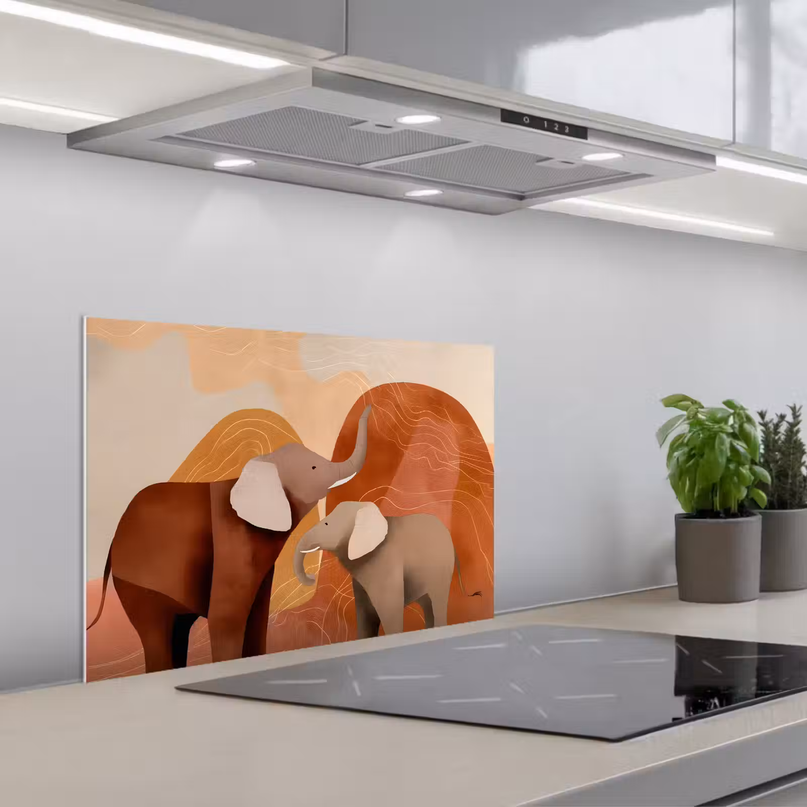 Kitchen splashback for hob - Elephants - Orange - Abstract — 1