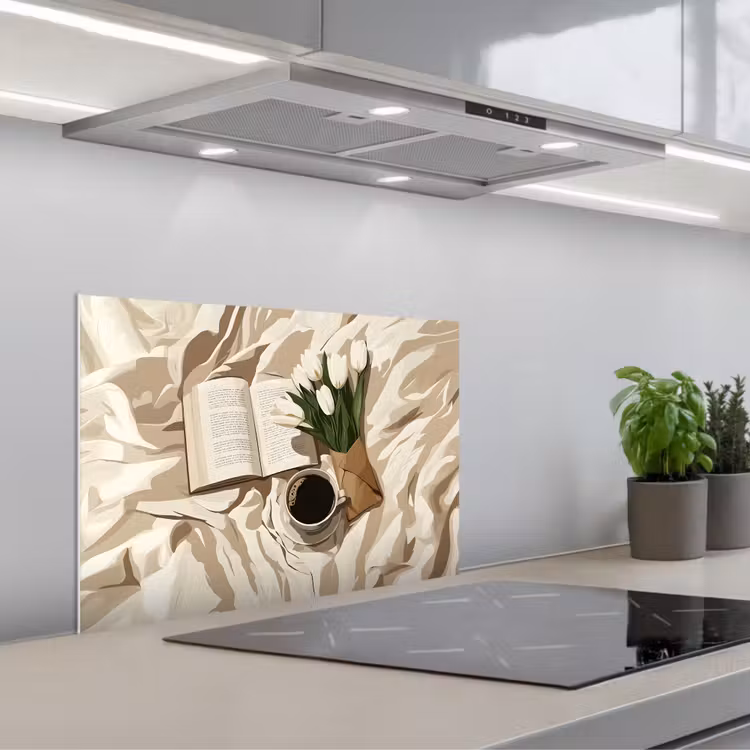 Kitchen splashback for hob - Book - Illustration - Tulips - Coffee — 1