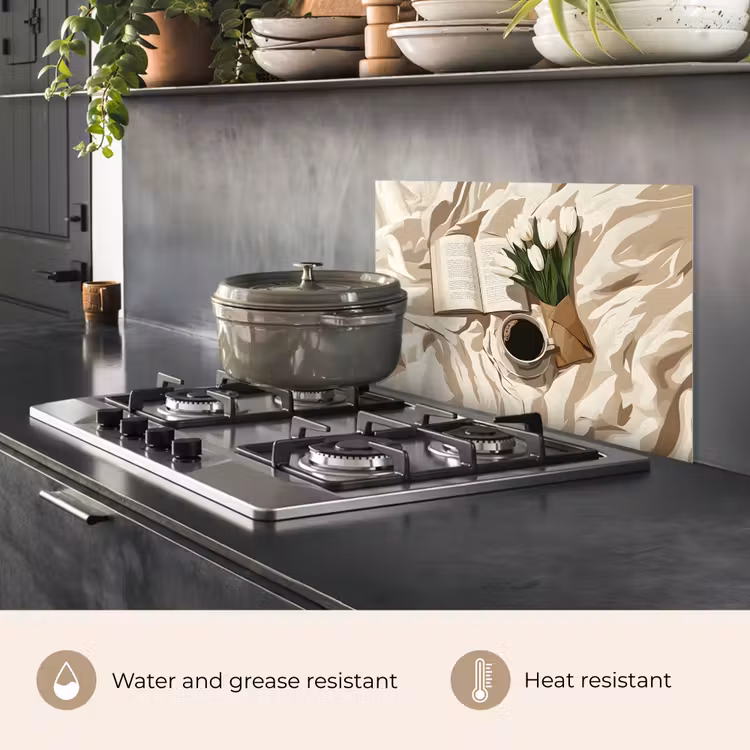 Kitchen splashback for hob - Book - Illustration - Tulips - Coffee — 2