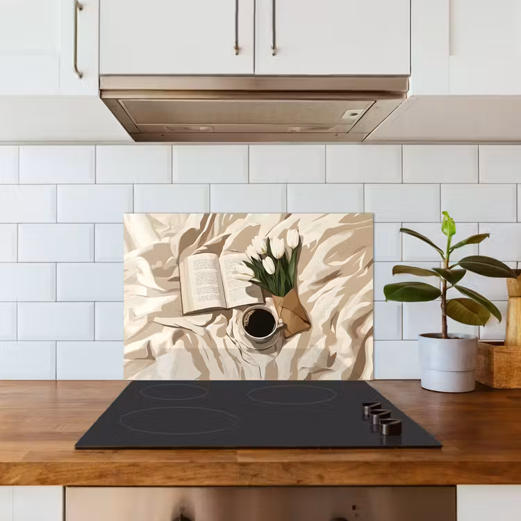 Kitchen splashback for hob - Book - Illustration - Tulips - Coffee — 3