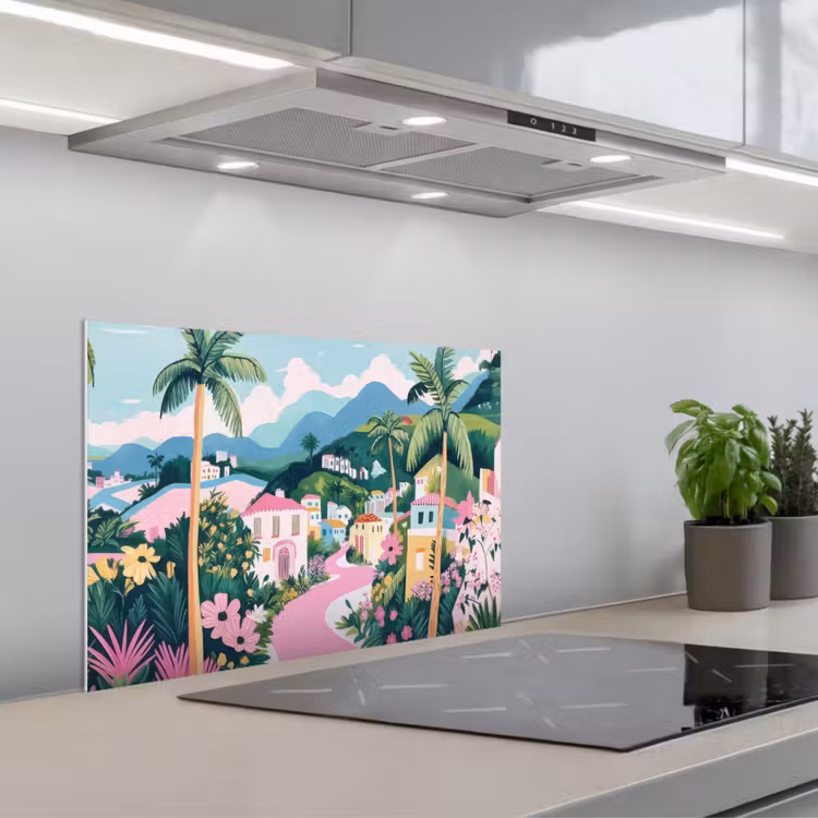 Kitchen splashback for hob - Colorful - Houses - Hills - Pink — 1