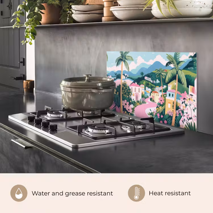 Kitchen splashback for hob - Colorful - Houses - Hills - Pink — 2