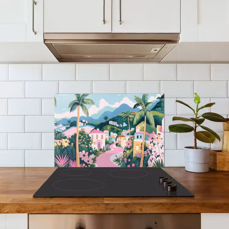 Kitchen splashback for hob - Colorful - Houses - Hills - Pink — 3