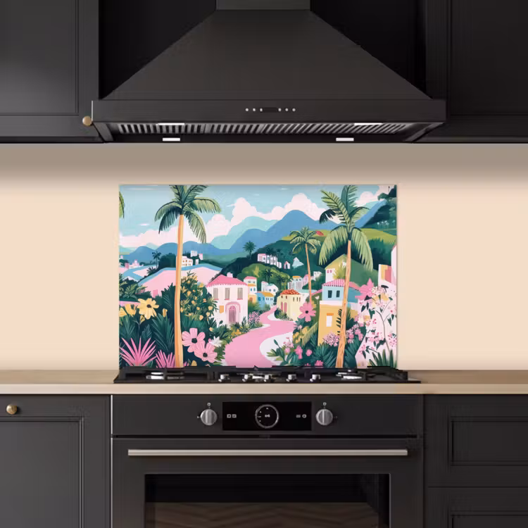 Kitchen splashback for hob - Colorful - Houses - Hills - Pink — 5