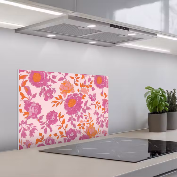 Kitchen splashback for hob - Floral pattern - Pink - Orange - Flowers — 1