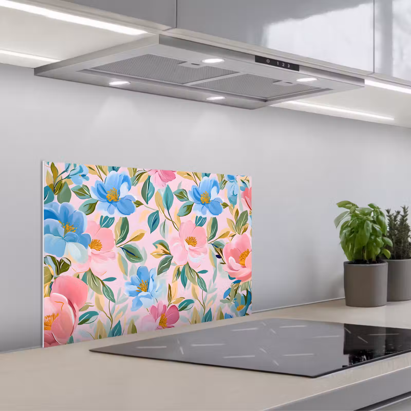 Kitchen splashback for hob - Blue - Pink - Flowers — 1