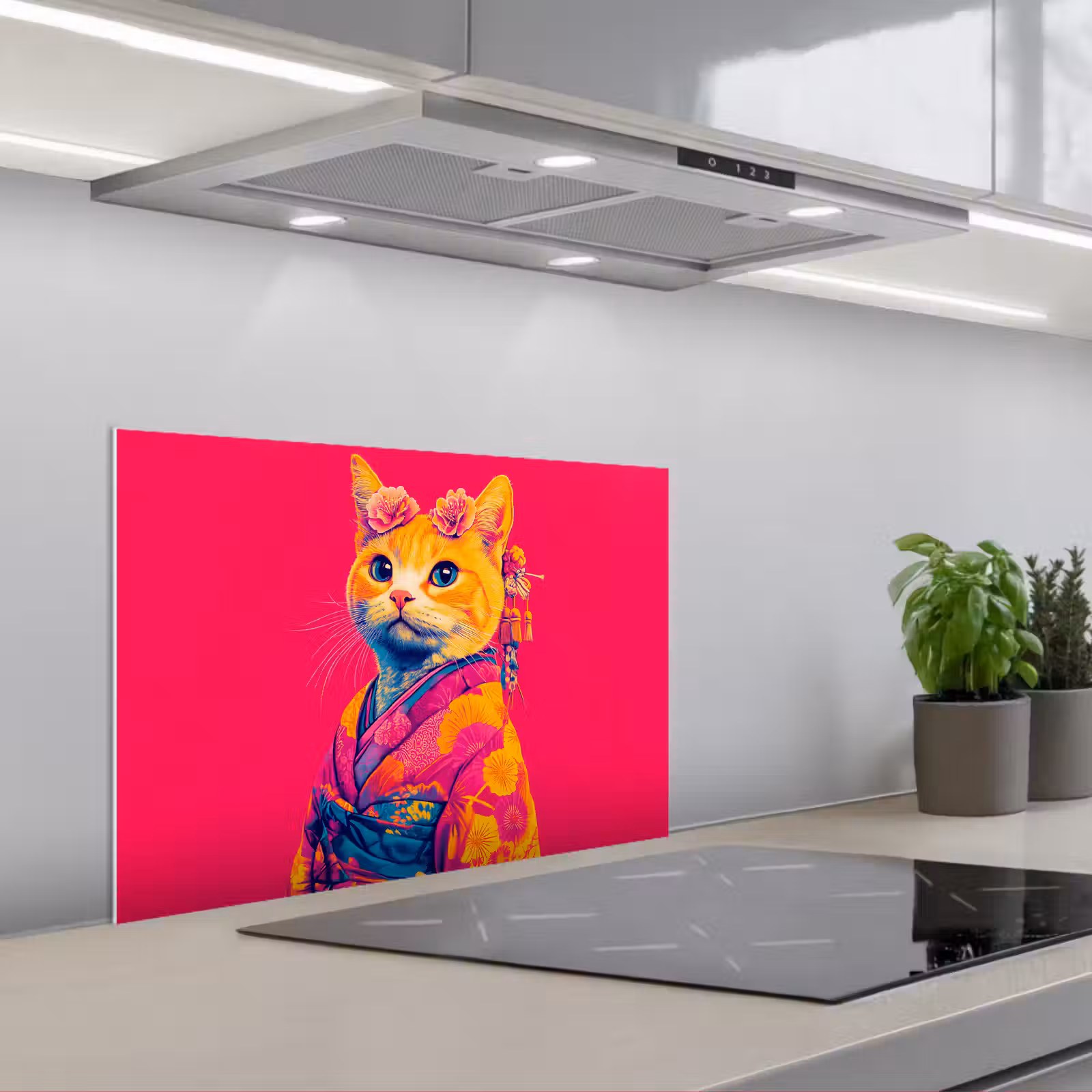 Kitchen splashback for hob - Cat - Kimono - Flowers - Pink — 1