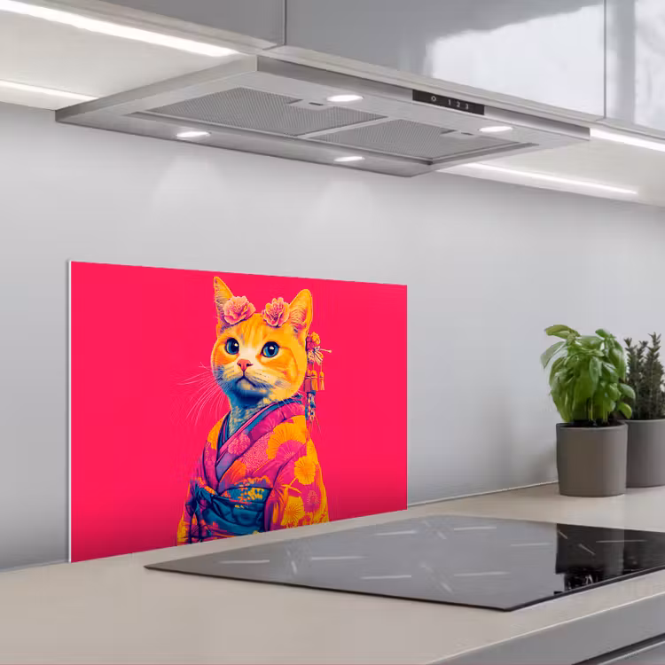 Kitchen splashback for hob - Cat - Kimono - Flowers - Pink — 1