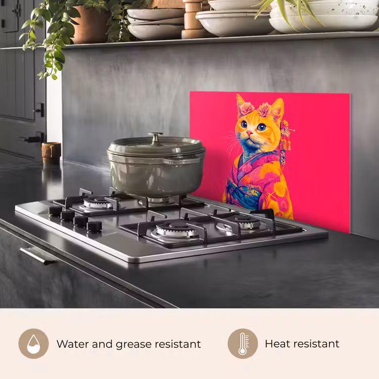 Kitchen splashback for hob - Cat - Kimono - Flowers - Pink — 2