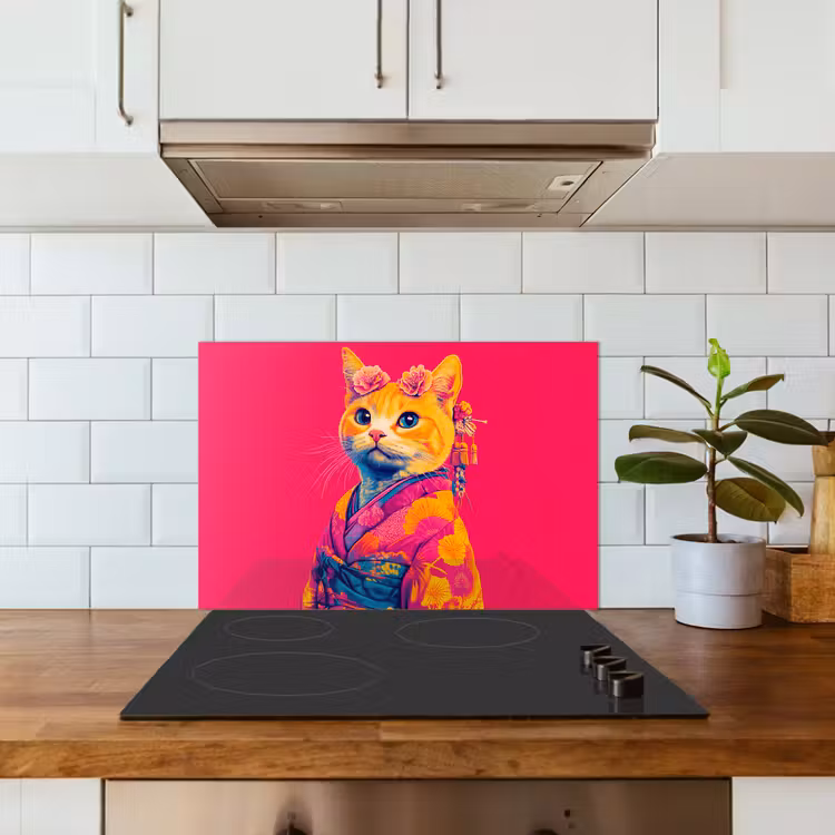 Kitchen splashback for hob - Cat - Kimono - Flowers - Pink — 3