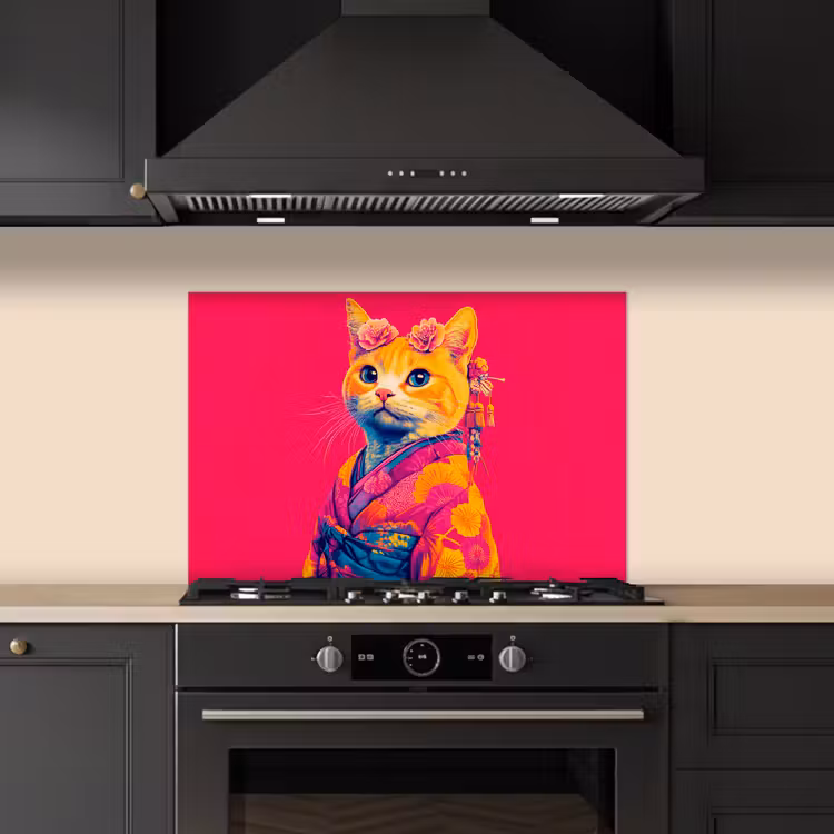 Kitchen splashback for hob - Cat - Kimono - Flowers - Pink — 5