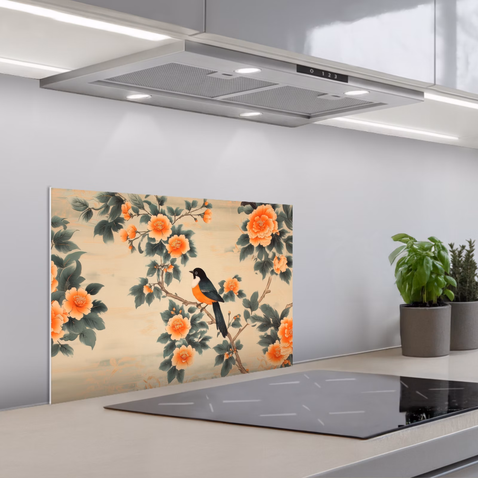 Kitchen splashback for hob - Bird - Branch - Flowers - Orange — 1