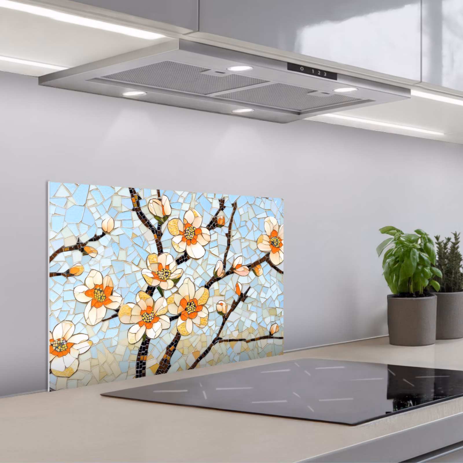 Kitchen splashback for hob - Blossoms - White - Mosaic - Branch — 1