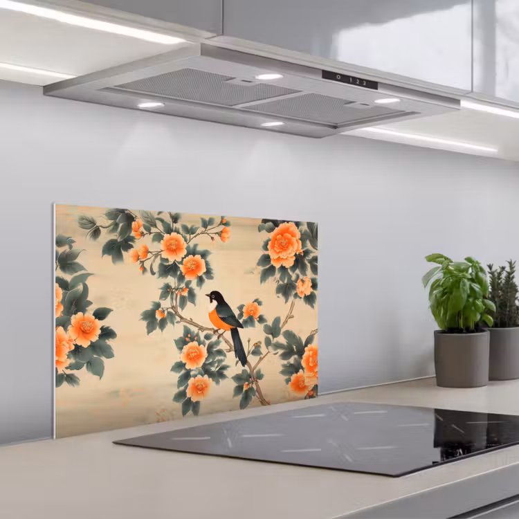Kitchen splashback for hob - Bird - Branch - Flowers - Orange — 1