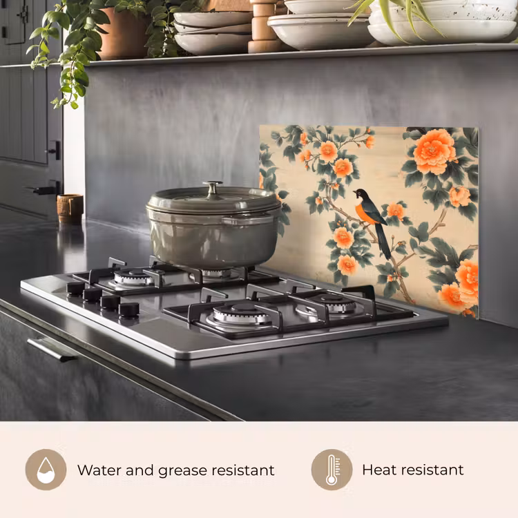 Kitchen splashback for hob - Bird - Branch - Flowers - Orange — 2