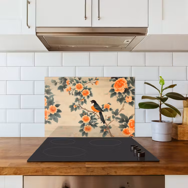 Kitchen splashback for hob - Bird - Branch - Flowers - Orange — 3
