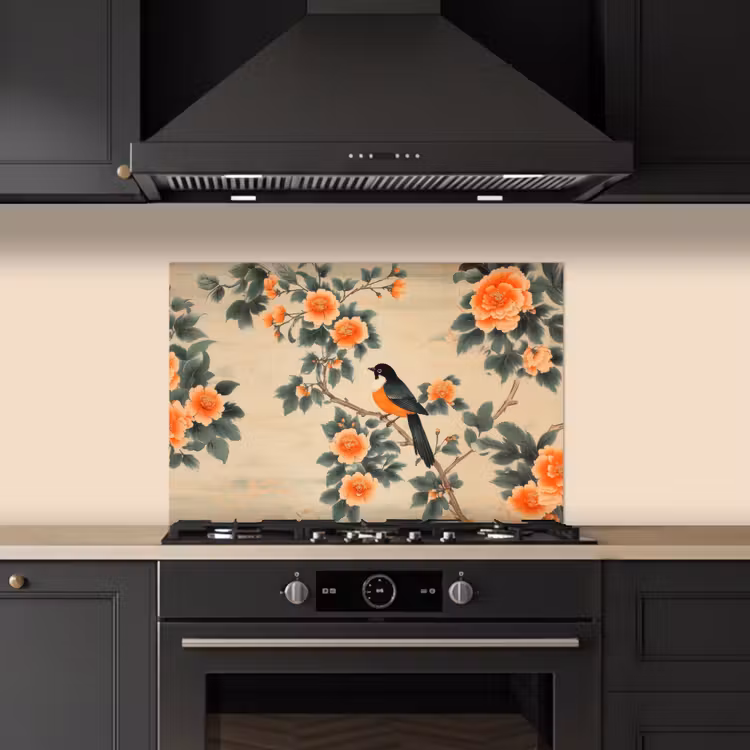 Kitchen splashback for hob - Bird - Branch - Flowers - Orange — 5