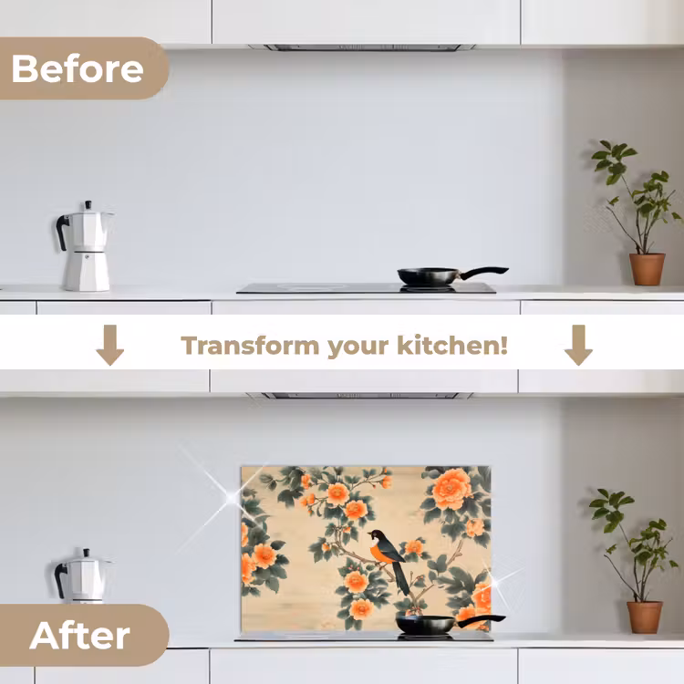 Kitchen splashback for hob - Bird - Branch - Flowers - Orange — 7